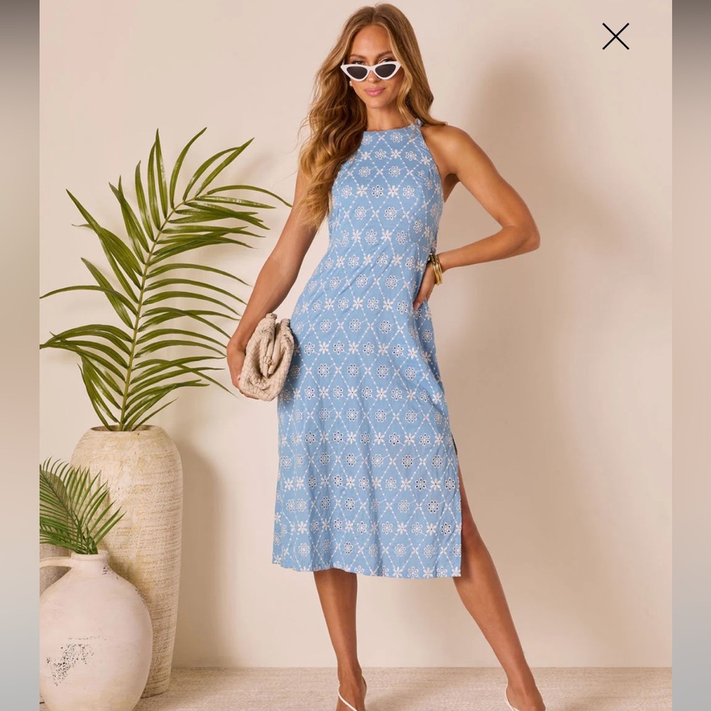 Vici Light Blue Patterned Midi Dress